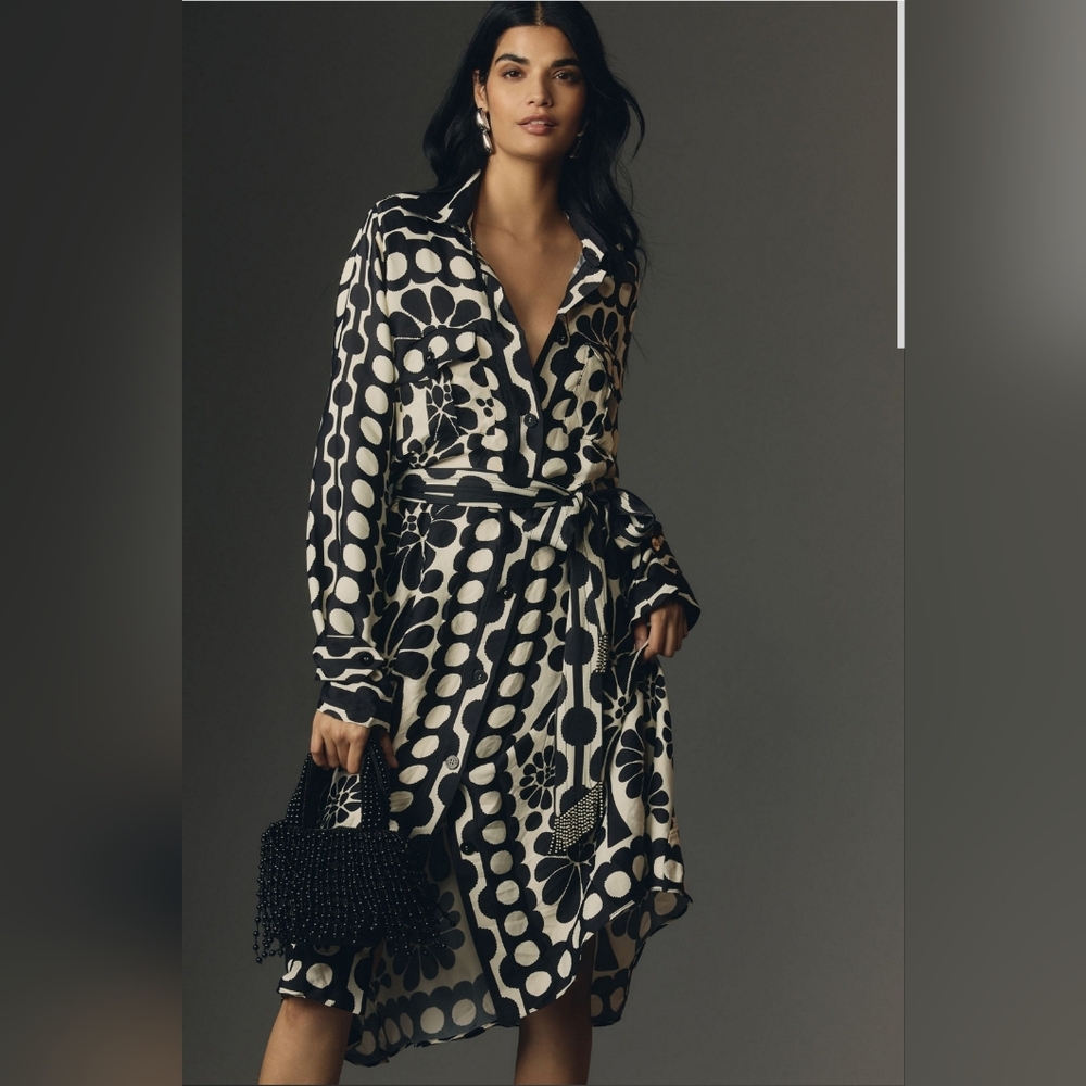 Farm Rio XXS Palmero Belted Printed Satin Midi Shirt Dress